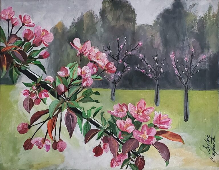 Sylvie Cayouette, Pommier en fleurs - Apple trees in bloom, Acrylique sur toile, 2023, nature morte