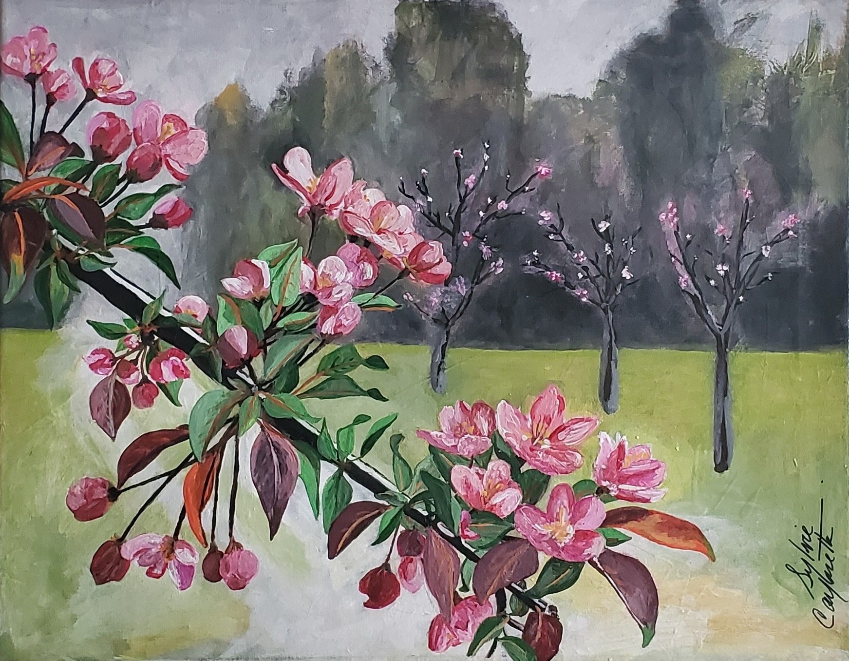 Sylvie Cayouette, Pommier en fleurs, Acrylique sur toile, 2023, nature morte