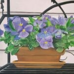 Sylvie Cayouette, Pot de pensées, Acrylique sur toile, 2023, nature morte