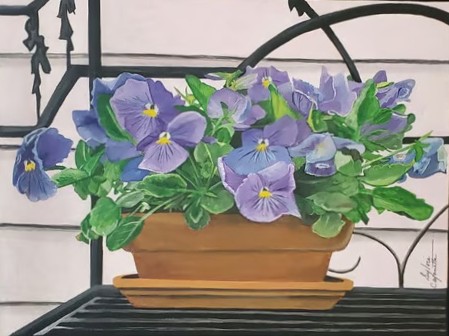 Sylvie Cayouette, Pot de pensées - Pot of pansies, Acrylique sur toile, 2023, nature morte