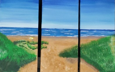 Sylvie Cayouette, Adam's Beach, Triptyque acrylique sur toile, 2023, paysages marins