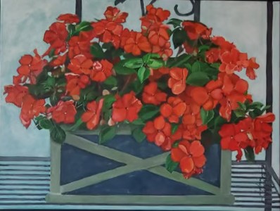 Sylvie Cayouette, Les impatientes rouges - The Red Impatient Ones, Acrylique sur toile, 2023, nature morte