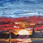 Sylvie Cayouette, Coucher de soleil PEI, Acrylique au couteau sur MDF, 2023, paysages marins