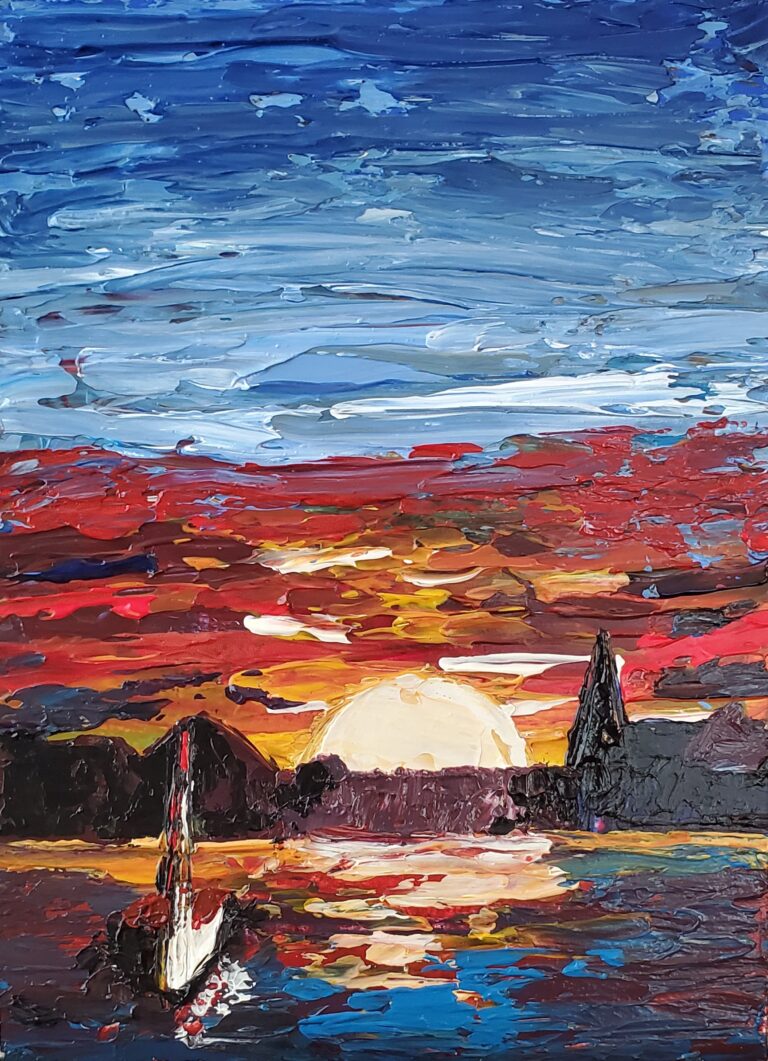 Sylvie Cayouette, Coucher de soleil PEI - PEI Sunset, Acrylique au couteau sur MDF, 2023, paysages marins
