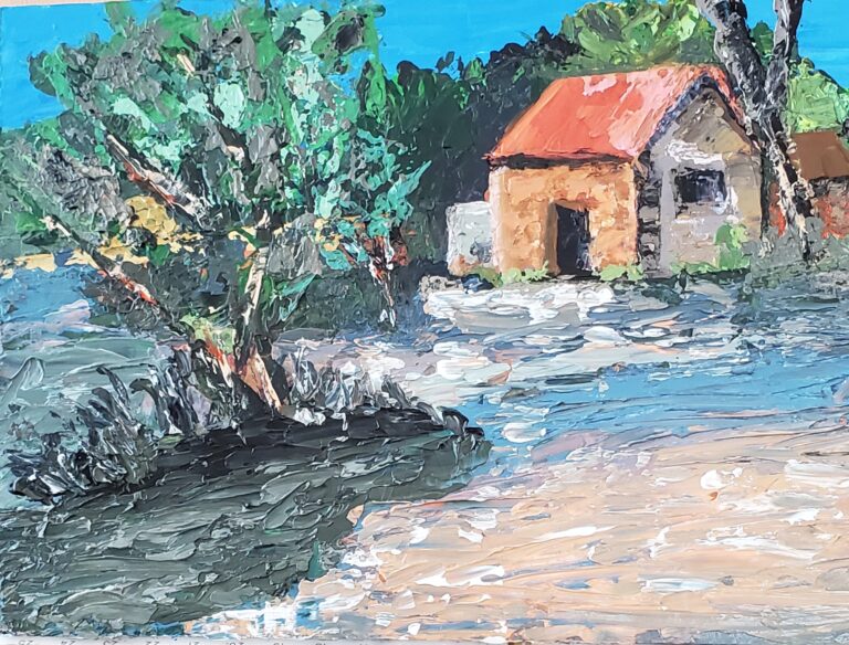 Sylvie Cayouette, La ptite cabane -The Little Cabin, Acrylique au couteau sur MDF, 2023, Scène du territoire
