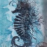 Sylvie Cayouette, Hippocampe bleu, Encaustique sur papier d'archives, 2023, Abstractions et matières