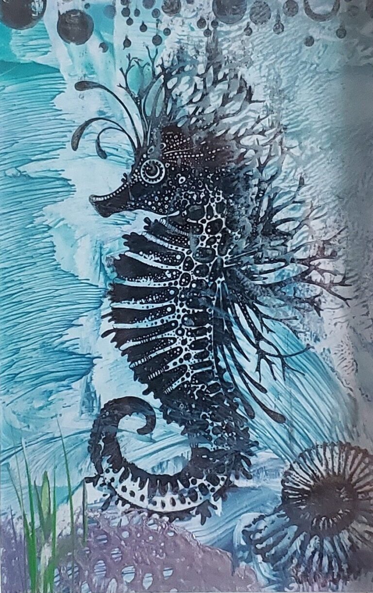 Sylvie Cayouette, Hippocampe bleu - Blue Seahorse, Encaustique sur papier d'archives, 2023, Abstractions et matières