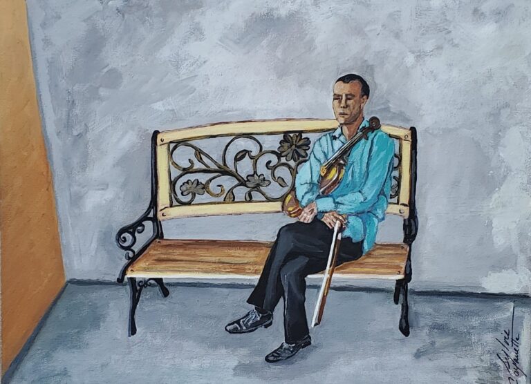 Sylvie Cayouette, Jamais sans mon violon - Never Without my Violin, Acrylique sur toile, 2023, La présence du vivant