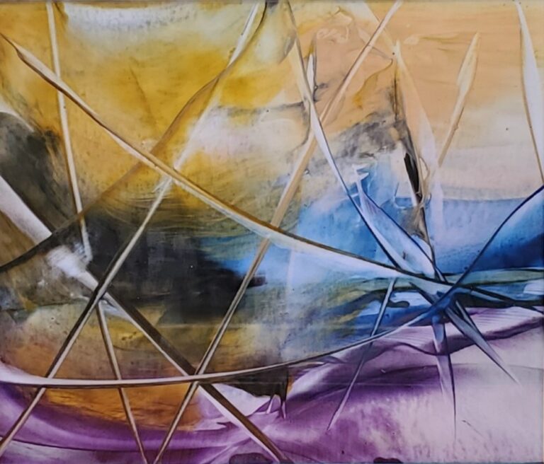 Sylvie Cayouette, Paysage au travers d'une fenêtre brisée - Landscape seen through a broken window, Encaustique sur papier d'archives, 2023, Abstractions et matières