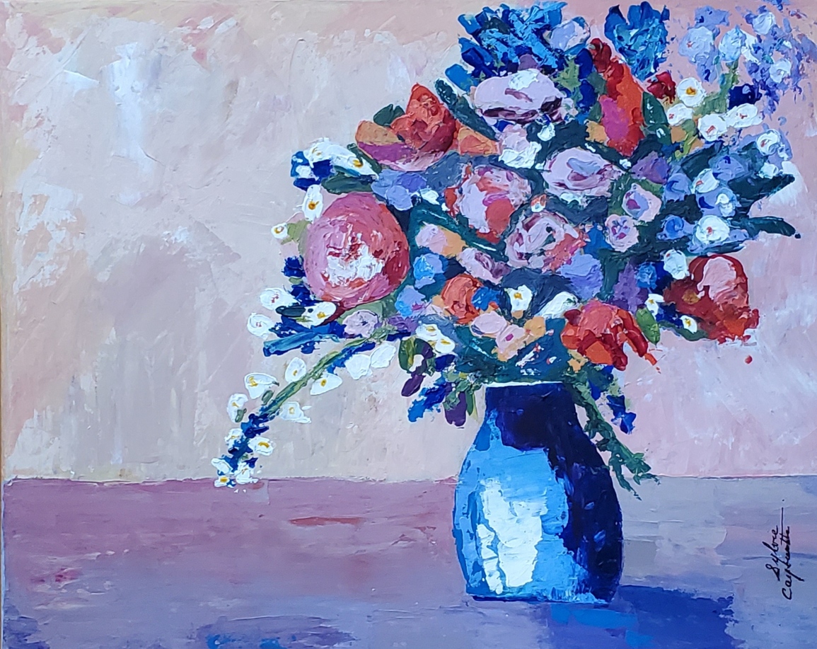 Sylvie Cayouette, Pot de fleurs, Acrylique au couteau sur toile, 2023, nature morte