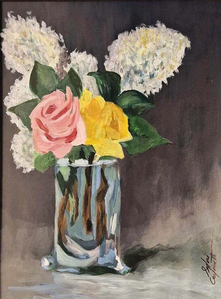 Sylvie Cayouette, Lilas en pot inspiré de Edward Manet, Acrylique sur toile, 2024, nature morte