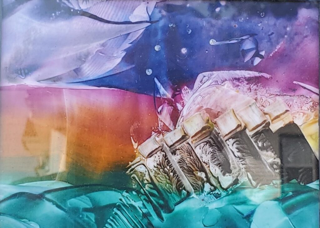 Sylvie Cayouette, Sortir du trouble, Encaustique sur papier d'archives, 2023, Abstractions et matières