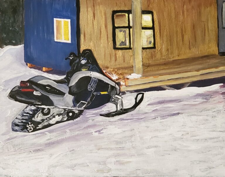 Sylvie Cayouette, Ski Doo à Darren - Darren's Ski Doo, Acrylique sur panneau entoilé, 2023, Scène du territoire