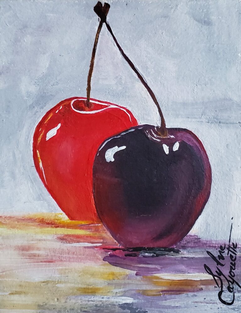 Sylvie Cayouette, Les 2 cerises - The 2 Cherries, Acrylique sur MDF, 2024, nature morte
