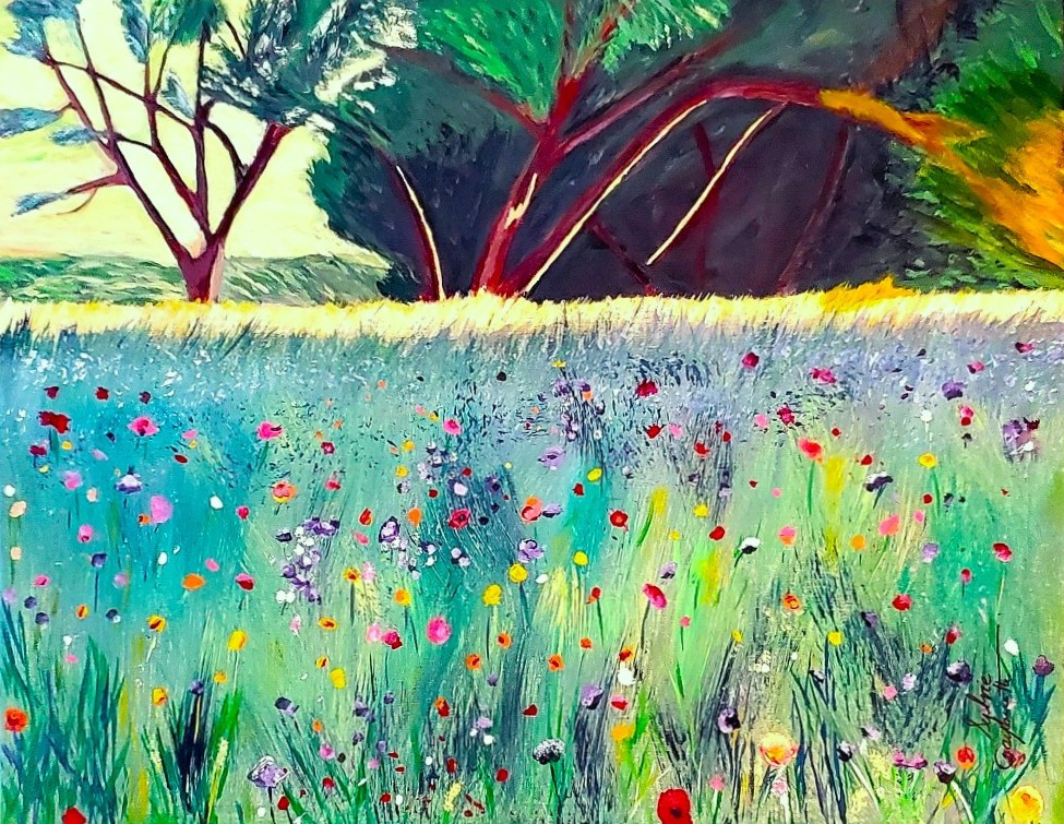 Sylvie Cayouette, Fleurs sauvages, inspiré d'une peinture de Elen Ditterbrandt, Acrylique sur toile, 2024, Scène du territoire