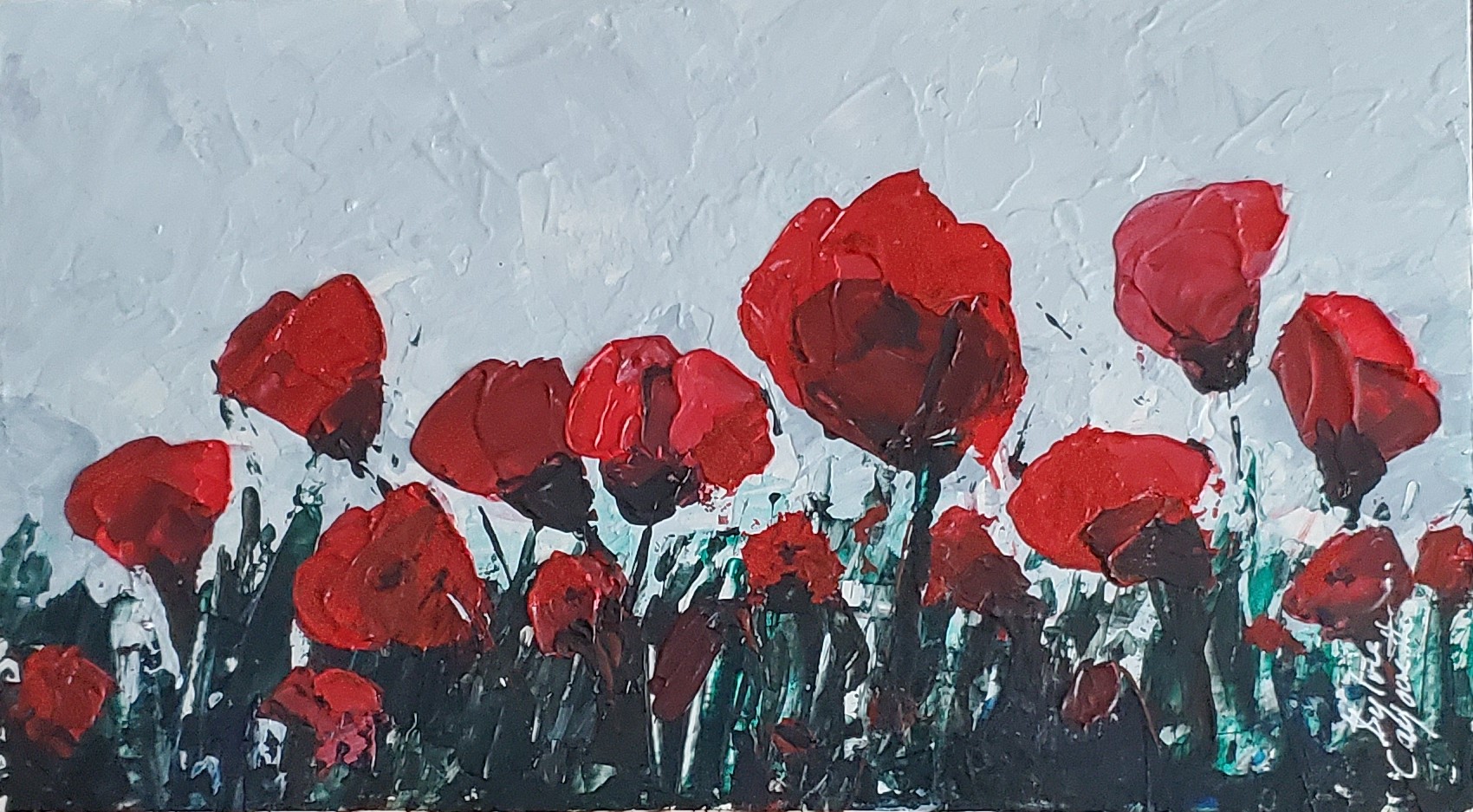 Sylvie Cayouette, Coquelicot ici et là 3, Acrylique au couteau sur verre, 2024, nature morte