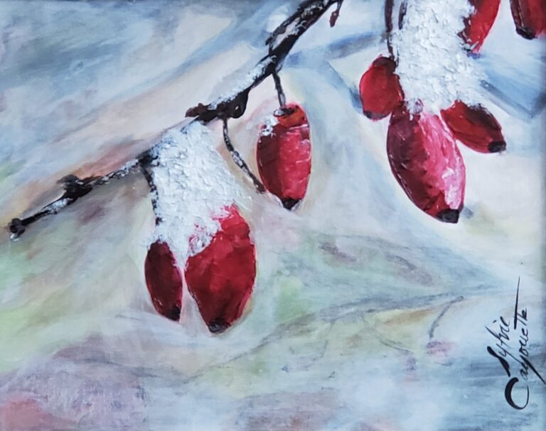 Sylvie Cayouette, Cynorrhodons, Acrylique glacis et gel épais sur panneau entoilé, 2024, nature morte