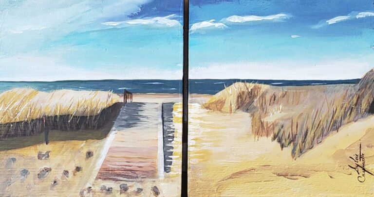 Sylvie Cayouette, Accès à la plage - Beach Access, Diptyque acrylique sur bois, 2024, paysages marins
