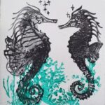 Sylvie Cayouette, Toi et moi hippocampes, Acrylique sur bois, 2024, nature morte