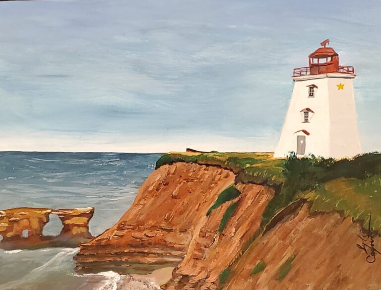 Sylvie Cayouette, Phare et falaise d'Egmont - Egmont Lighthouse and Cliff, Acrylique sur panneau entoilé, 2024, paysages marins