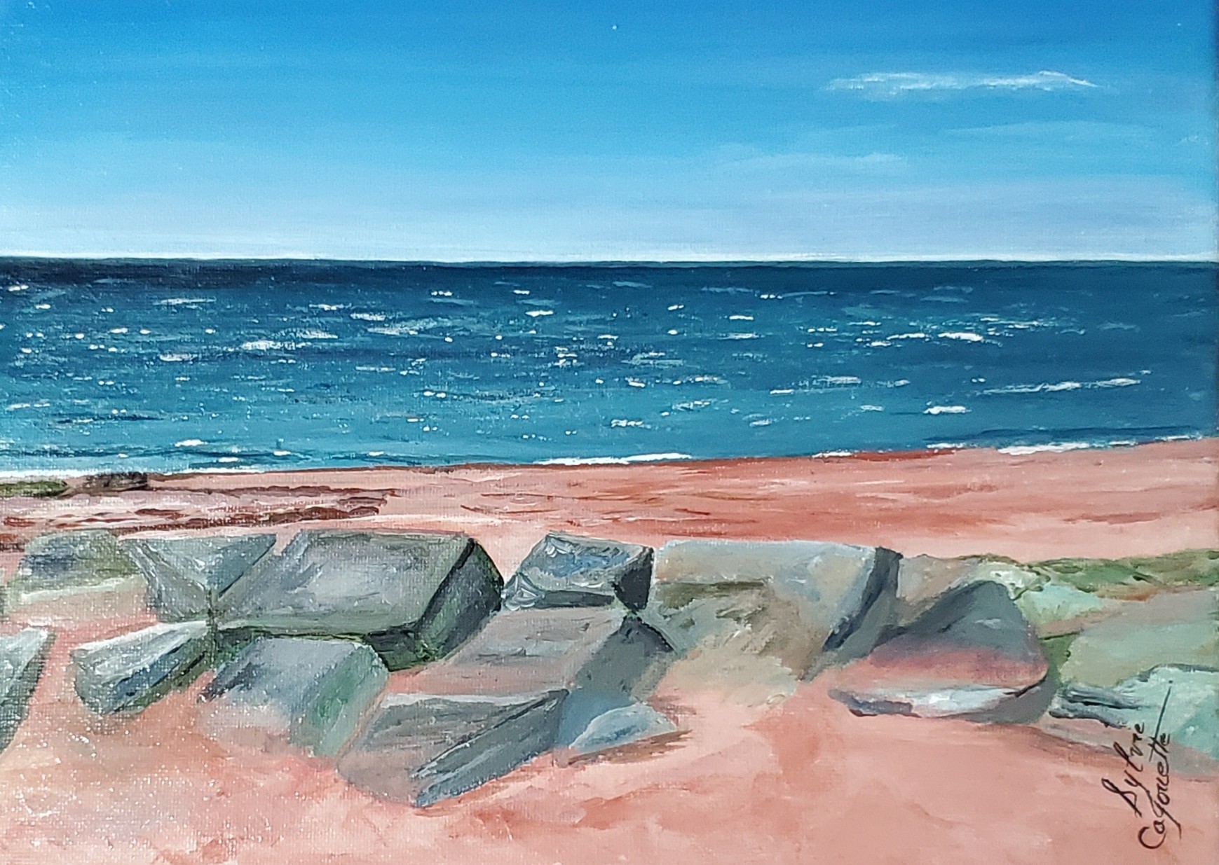 Sylvie Cayouette, Coupe-vagues de Skinner's Pond, Acrylique sur toile, 2024, paysages marins