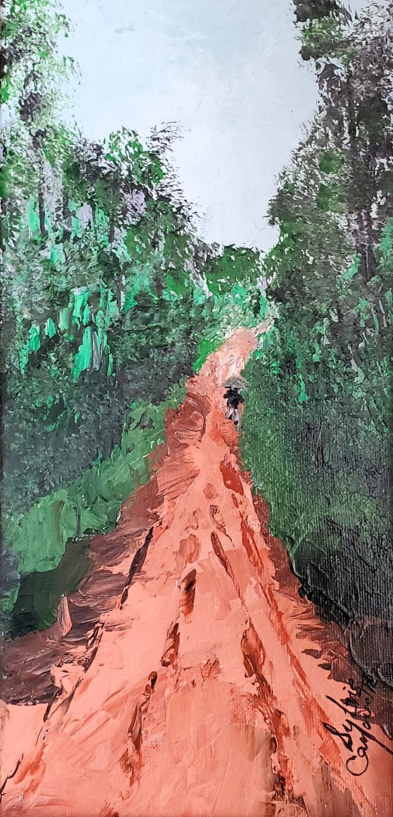 Sylvie Cayouette, Promenade matinale mystérieuse - Mysty Morning Walk, Acrylique au couteau sur toile, 2024, Scène du territoire