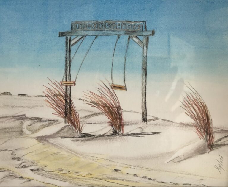Sylvie Cayouette, Promenade de Summerside, une journée très venteuse et froide - Boardwalk Summerside, a very blustery and cold day, Pastel sec sur carton Sennelier, 2025, Scène du territoire