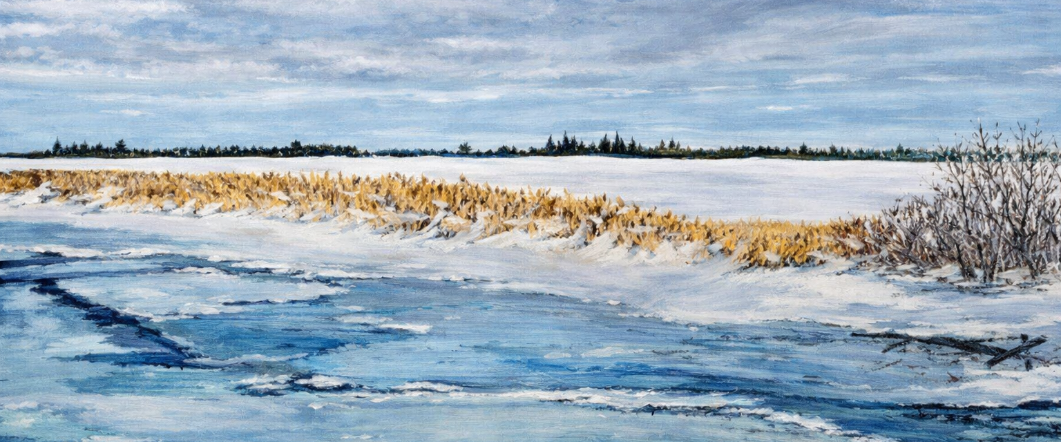 Sylvie Cayouette, April at Bentik Cove PEI, Acrylique sur bois, 2025, paysages marins