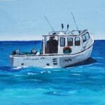 Sylvie Cayouette, Partons la mer est belle, Acrylique sur bois, 2025, paysages marins, bateau de pêche