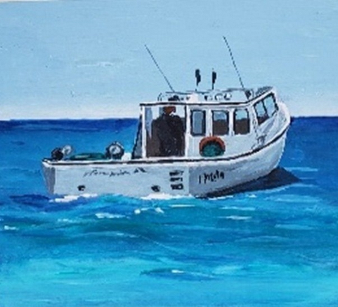 Sylvie Cayouette, Partons la mer est belle, Acrylique sur bois, 2025, paysages marins, bateau de pêche