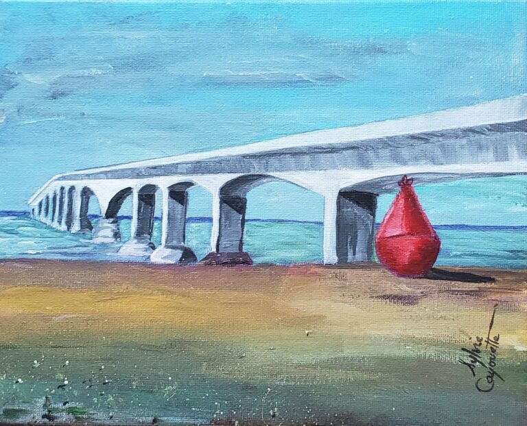 Sylvie Cayouette, Au pied du Pont - At the Foot of the Bridge, Acrylique sur toile, 2025, Scène du territoire