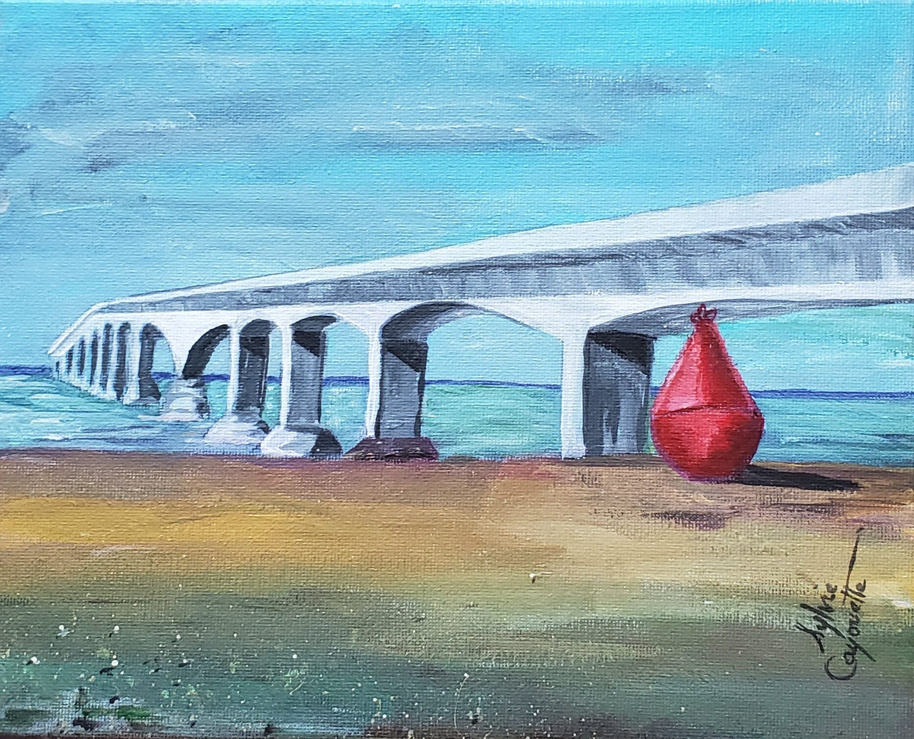 Sylvie Cayouette, Au pied du Pont, Acrylique sur toile, 2025, Scène du territoire