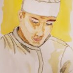 Sylvie Cayouette, Le cuisinier, Aquarelle sur papier d'archive, 2025, La présence du vivant