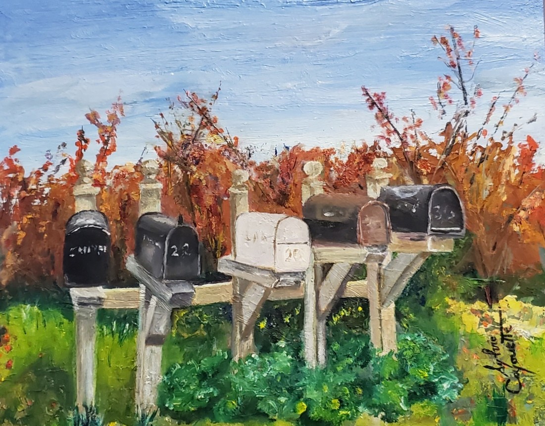 Sylvie Cayouette, Rustico Mail Boxes in Autumn Light , Huile sur mdf, 2026, Scène du territoire
