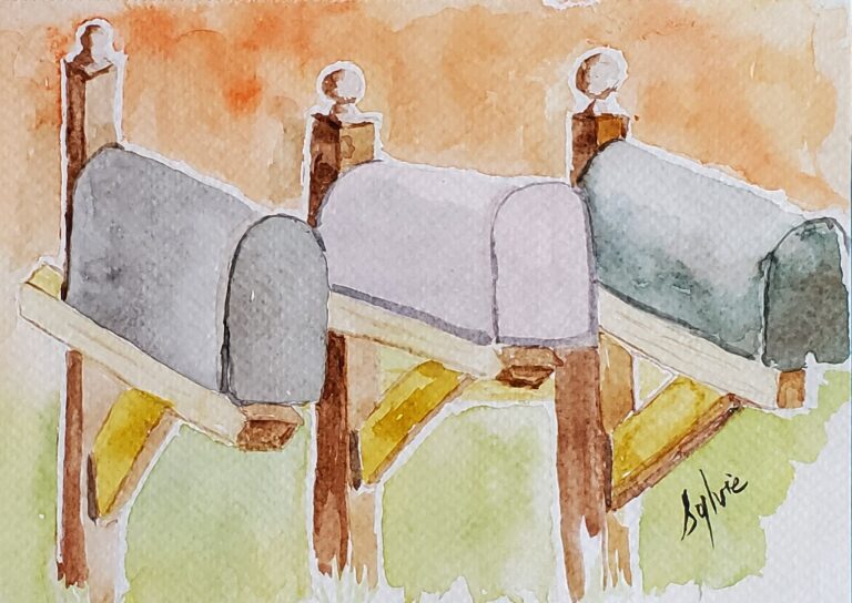 Sylvie Cayouette, Boîtes aux lettres - Mail Boxes, Aquarelle sur papier d'archives, 2026,