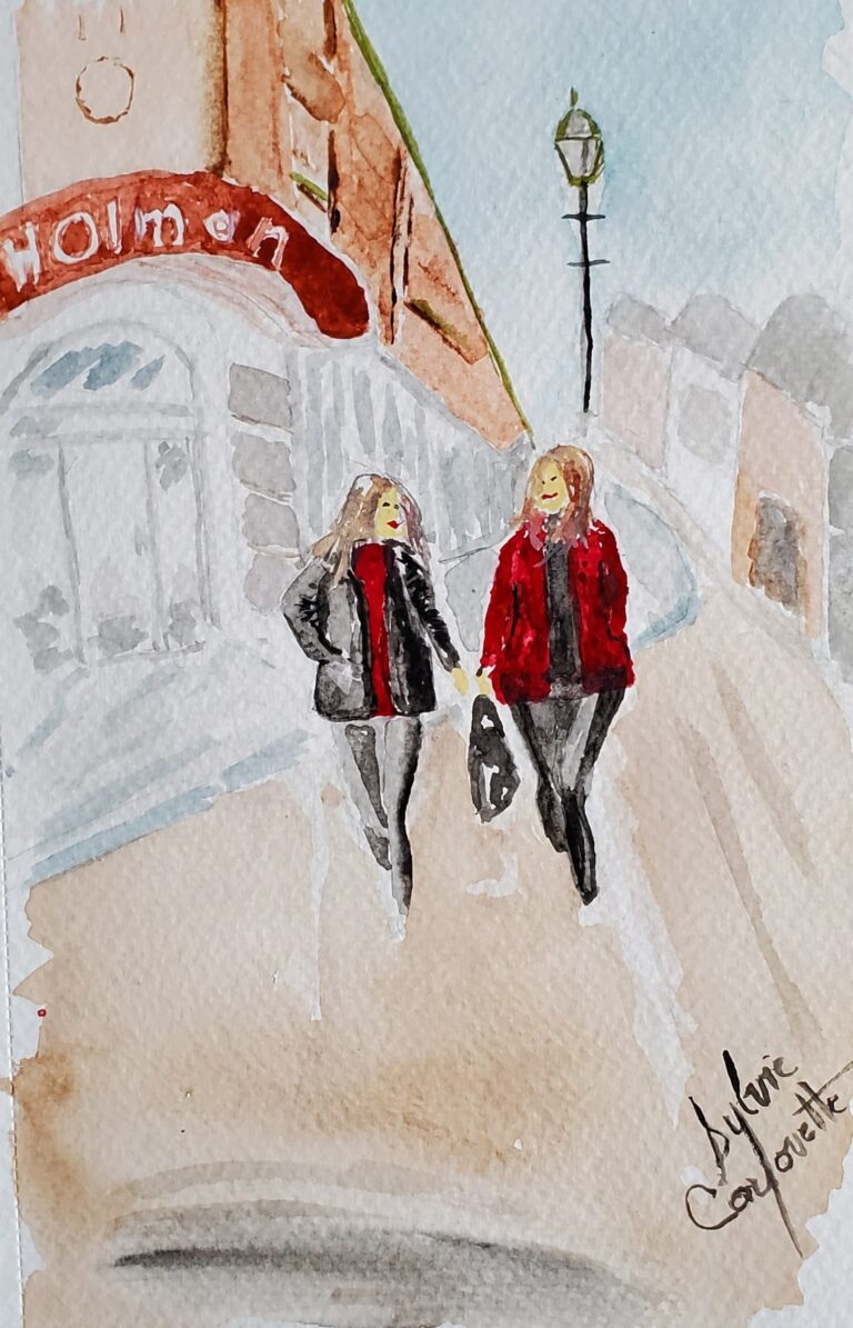 Sylvie Cayouette, Magasinage à Summerside - Shopping in Summerside, Aquarelle sur papier d'archives, 2026